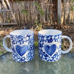 2 Vintage Blue Heart Patterned Mugs